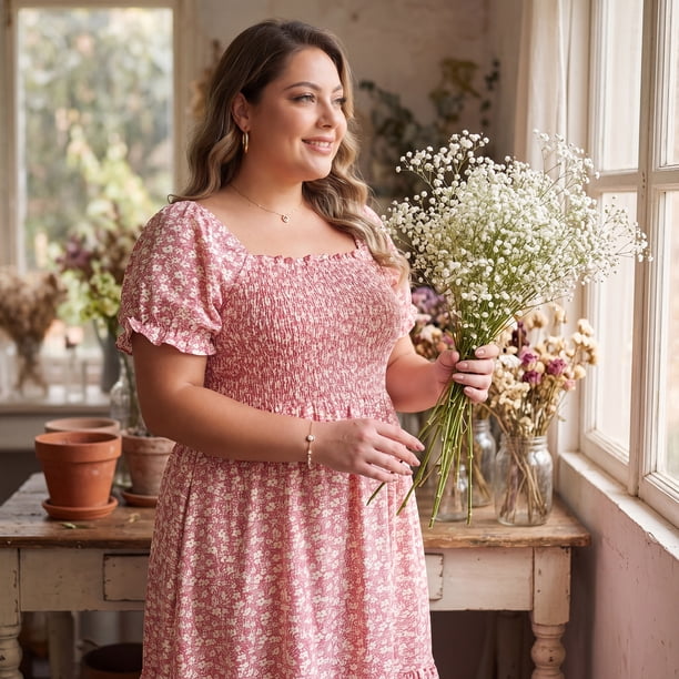 plus size flowy floral dress Agnes Orinda Women's Plus Size Dress Ruffle Short Sleeves Flared Flowy Smock Floral Mid Dresses 1X Pink White, Size: 1XL, Black