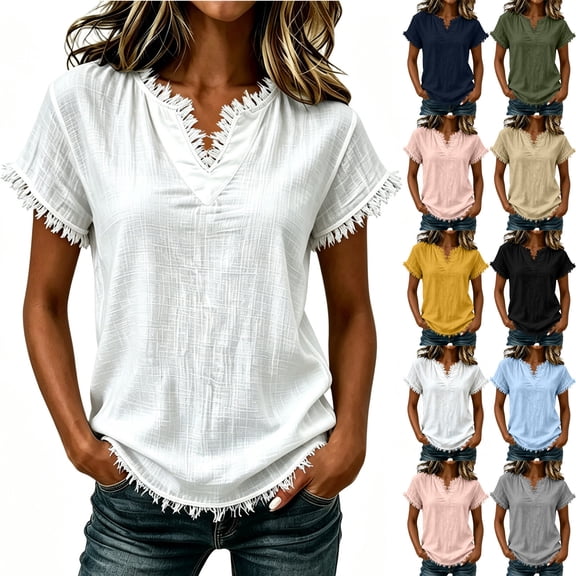 ClodeEU Women's V Neck Short Sleeve T-Shirt,Casual Solid Color Frayed Edge Top Army Green,Women's Plus L