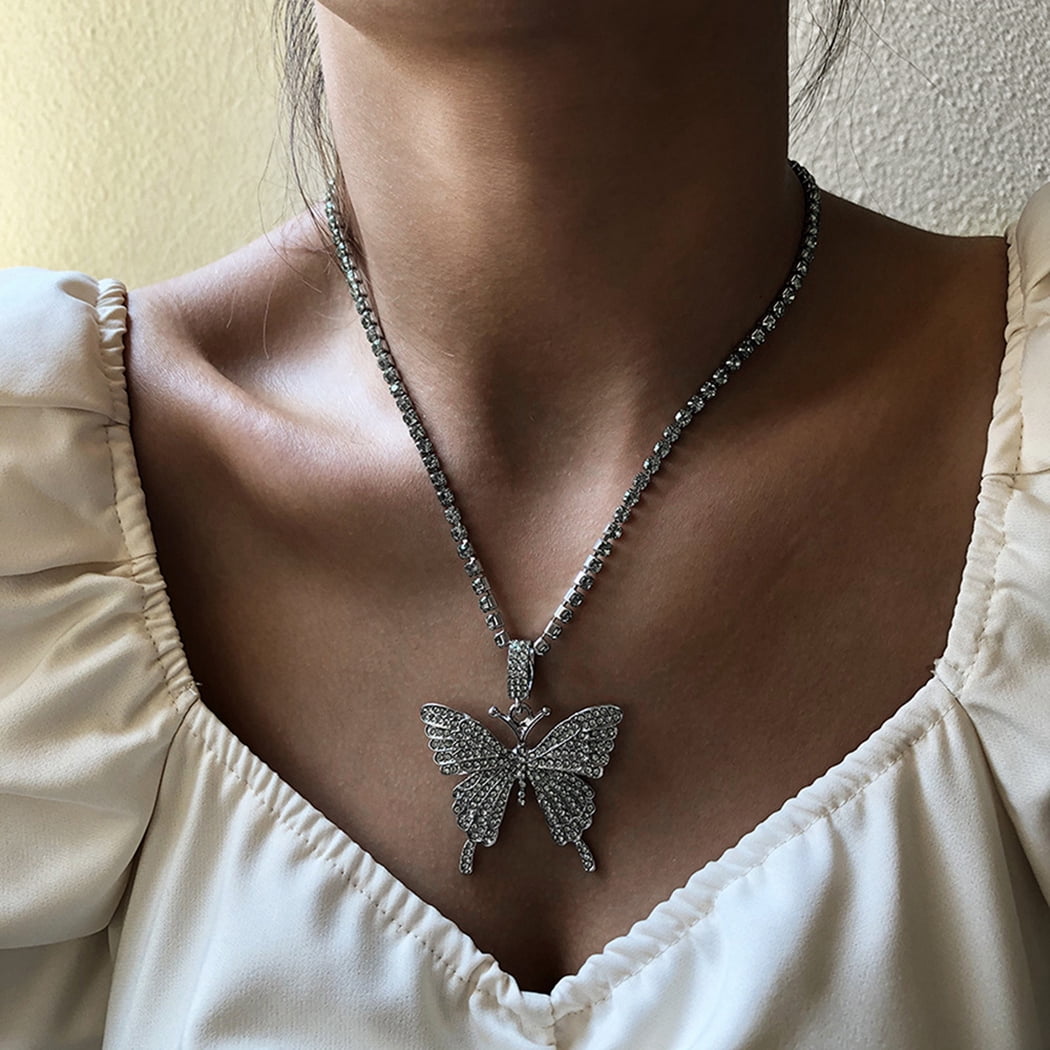 Amazon.com: EARENT Rhinestone Butterfly Choker Necklace Crystal Butterfly  Pendant Necklaces Chain Sparkly Neck Jewelry for Women (B-2 layer necklace):  Clothing, Shoes & Jewelry