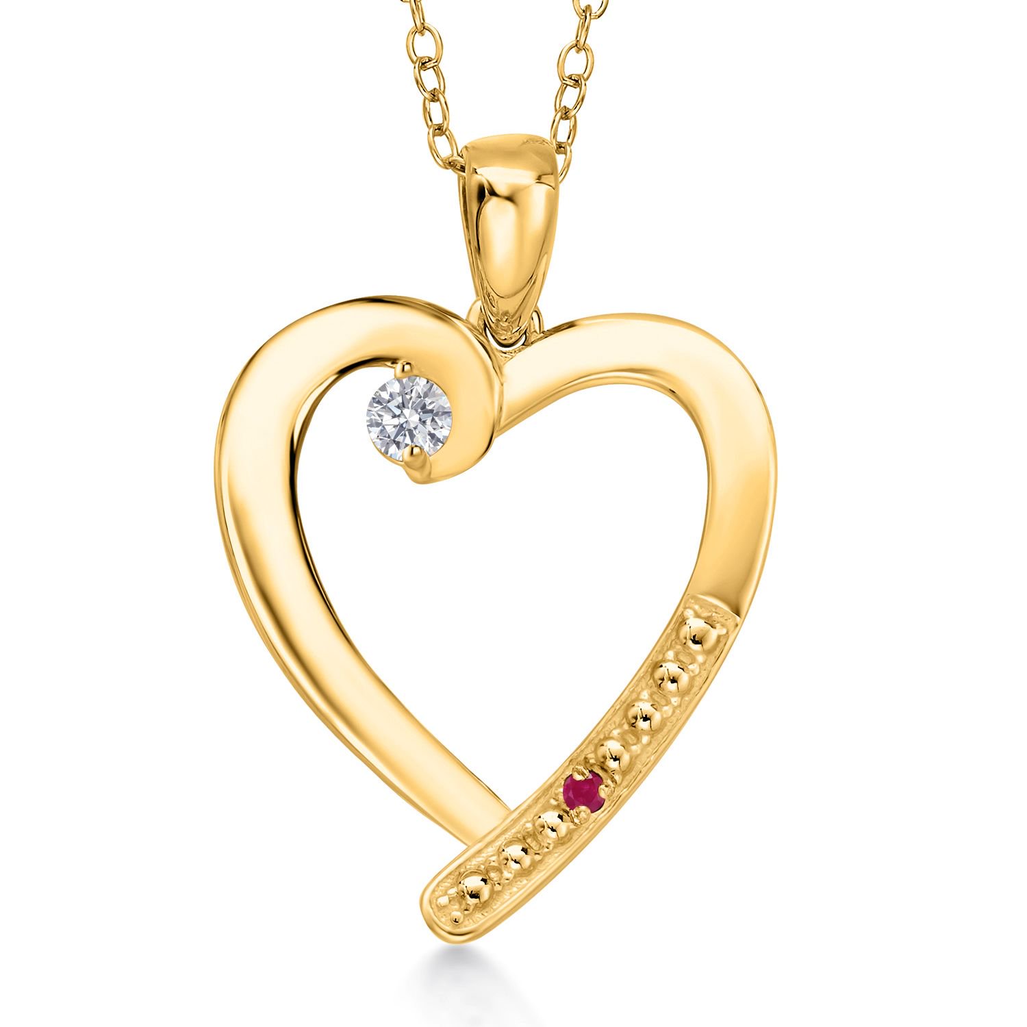 Gem Stone King 18K Yellow Gold Plated Silver Lab Grown Diamond and Red Ruby Heart Pendant Necklace for Women | 0.19 Cttw | Gemstone April Birthstone | Round 3.5MM | With 18 inch Chain