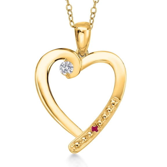 Gem Stone King 18K Yellow Gold Plated Silver Lab Grown Diamond and Red Ruby Heart Pendant Necklace for Women | 0.19 Cttw | Gemstone April Birthstone | Round 3.5MM | With 18 inch Chain