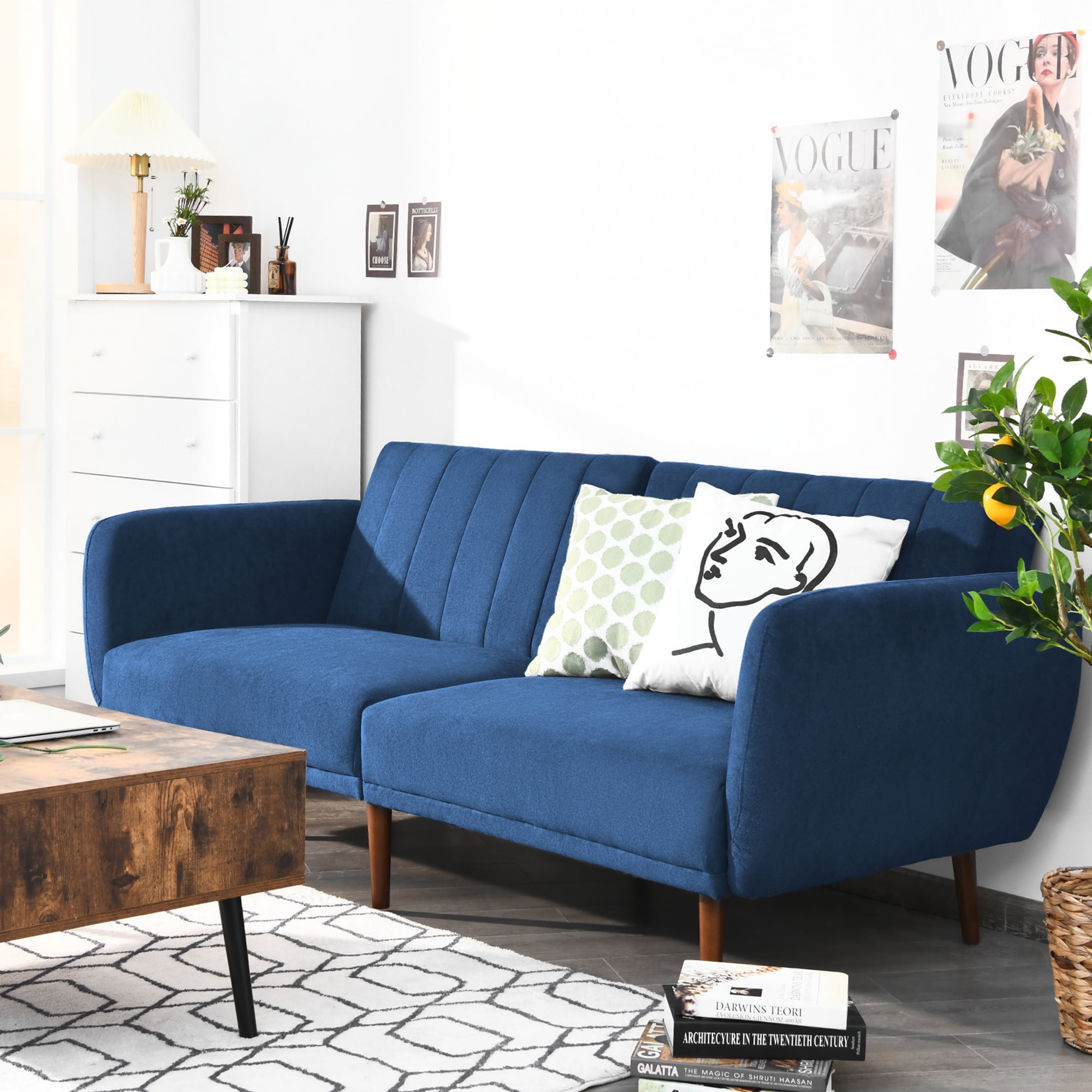 Gymax Modern Sofa Bed Convertible Futon Sofa w/ 3-Level Adjustable Angle Function Navy