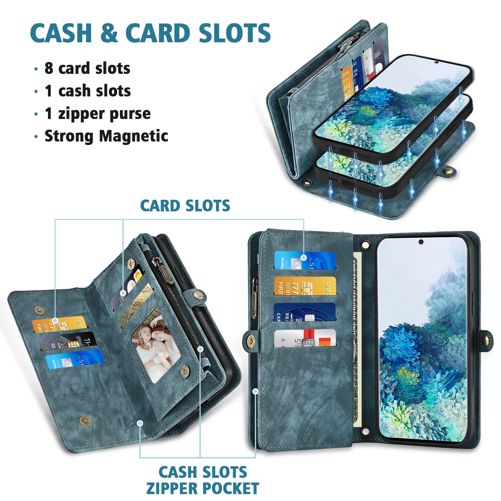 Asuwish Phone Case for Samsung Galaxy S20 5G 6.2 inch Zipper Wallet Detachable Cell Cover with Tempered Glass Screen Protector Crossbody Lanyard Strap Flip Card Holder S 20 20S UW S2O G5 Women Blue