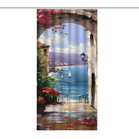 Chilfamy Archway Bougainvillea Sea Shower Curtain ,Watercolor Flowers Bathroom Shower Curtain, Waterproof Fabric Shower Curtain with Hooks