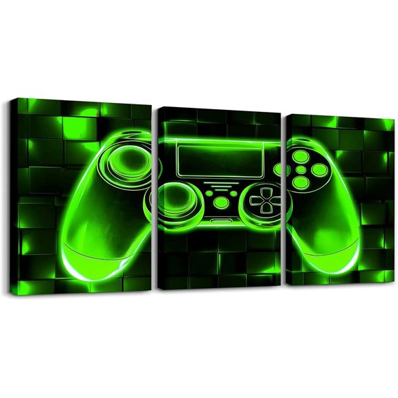Hieng Green Gamer Canvas Wall Hieng Geometric Games Controller Wall Decor Prints Home Hiengwork for Living Room Bedroom, Video Gaming Wall Painting Posters, Kids Boys Girls Room Decor