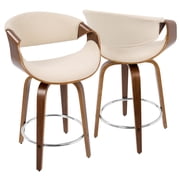 Curvini Mid-Century Modern Counter Stool in Walnut Wood and Cream Fabric by LumiSource - Set of 2