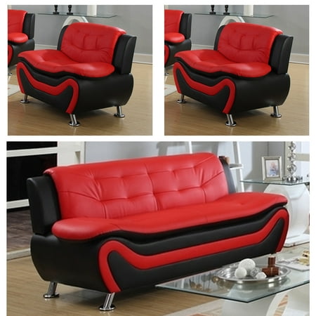 Frady Black And Red Faux Leather Modern Living Room Sofa And 2