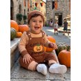 thumbnail image 4 of RUINIXCW Baby Boy Halloween Outfit Striped Crew Neck Long Sleeve Romper Pumpkin/Ghost Embroidery Overalls and Hat 3 Pcs Set, 4 of 9