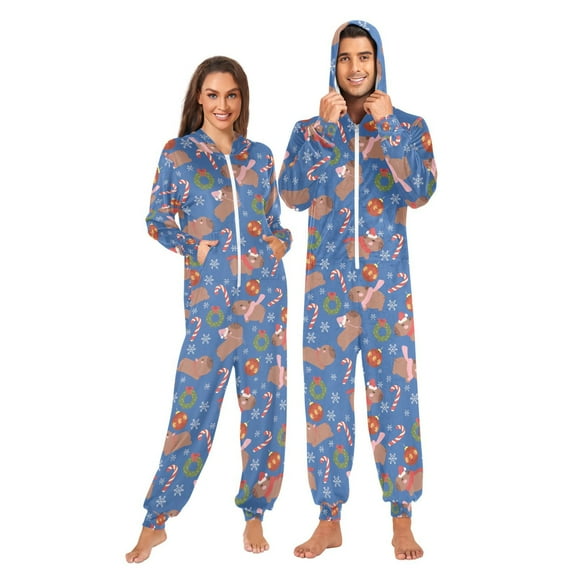 joogoo Capybara Christmas Ball Pattern Unisex Adults Onesies Pajamas Jumpsuits L