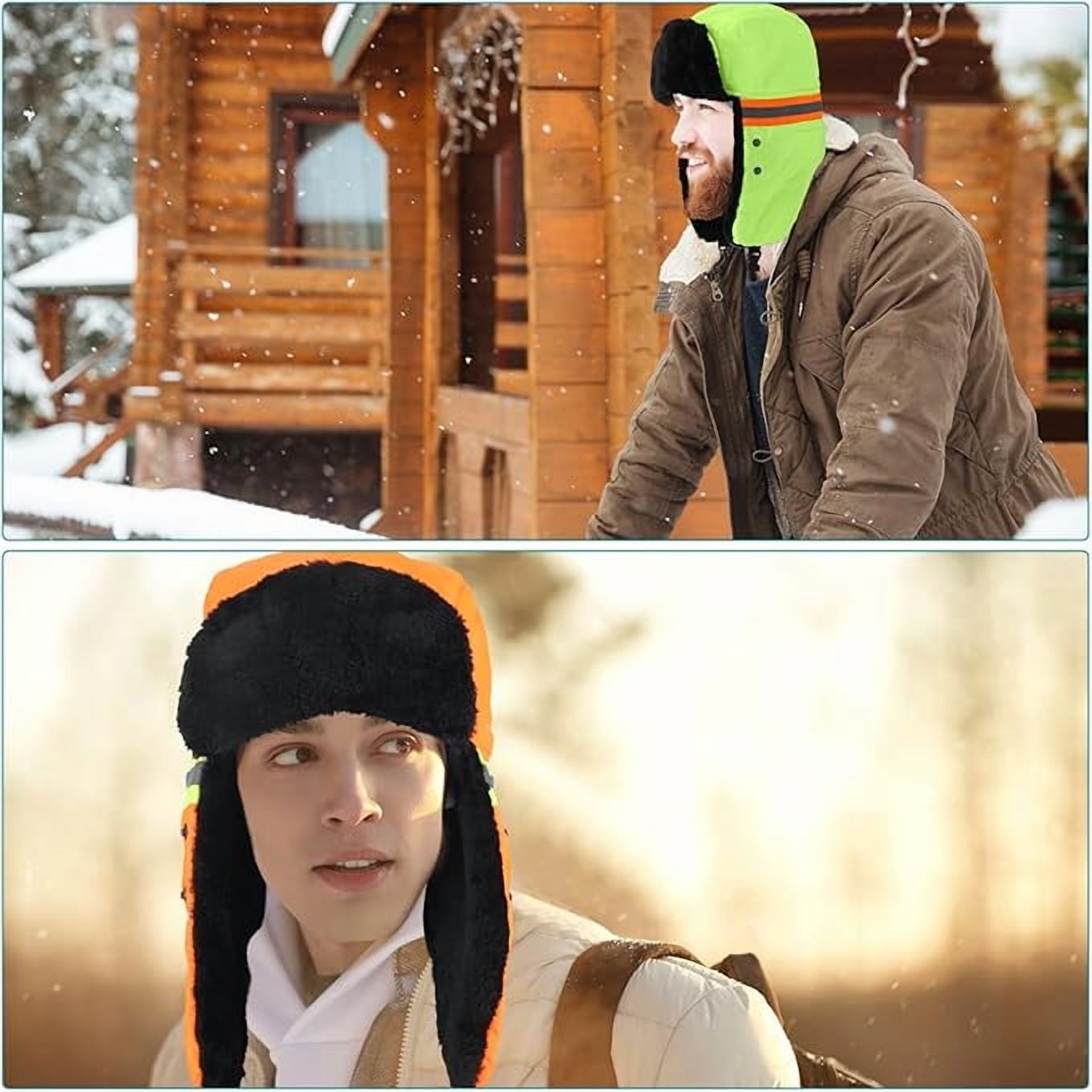 Men Warm Trapper Hat 2 Pcs Windproof Faux Fur Balaclava Reflective Winter Safety Hat Fleece Lined Worker Hat Skiing Hat