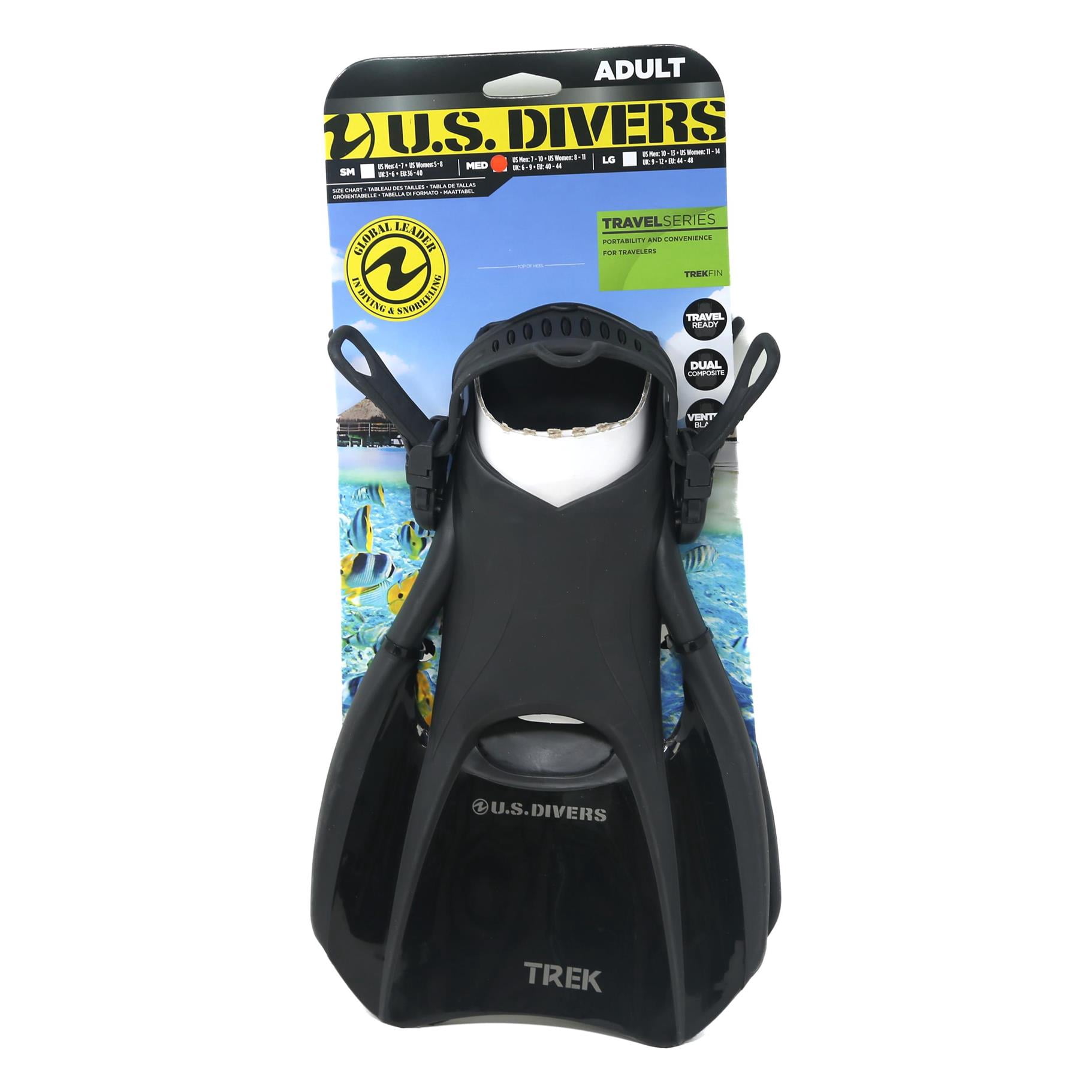 US Divers Travel Series Adult Unisex Trek Swim Fins, Black, Size Medium
