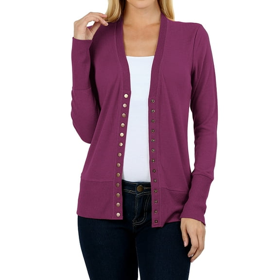 Retired - Women Classic Thin Snap Button Front V-Neck Button Down Long Sleeve Ribbed Knit Cardigan