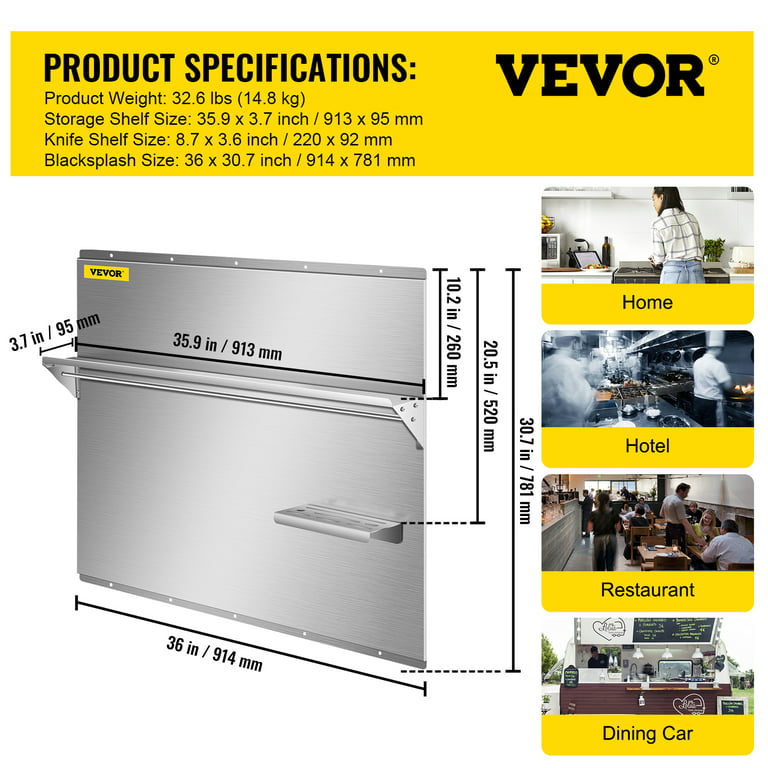 VEVOR Range Backsplash with Shelf, Stainless Steel Backsplash 36 x