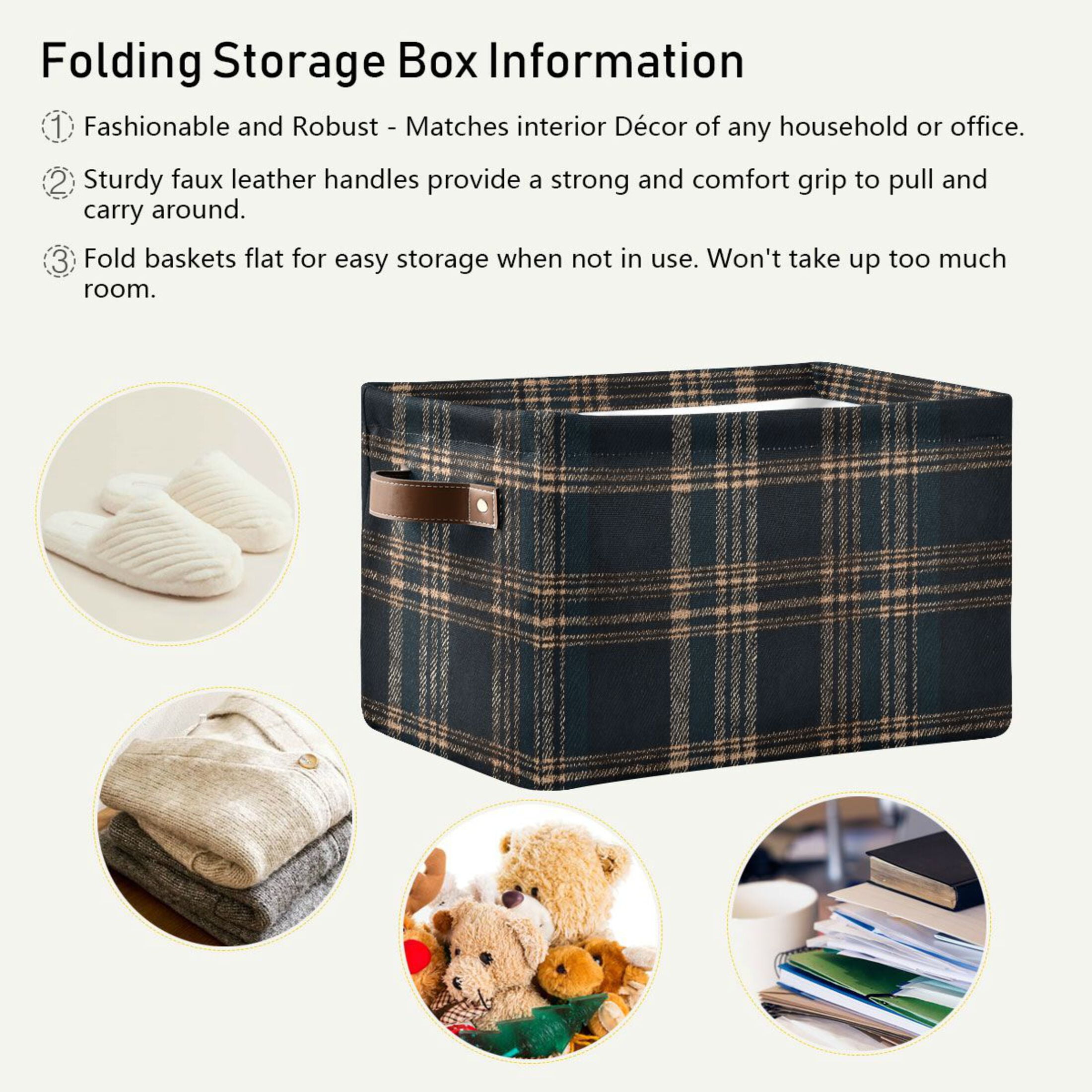 2 Pack Storage Bins with Handle Fabric Organizer Basket Foldable Box Dark Green Brown Tartan 14.2x10.2x8.3