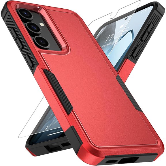 for Samsung Galaxy S24 FE Case with HD Screen Protector, Military-Grade Shockproof & Dual-Layer Protection, Anti-Slip Grip Design Phone Case, Red