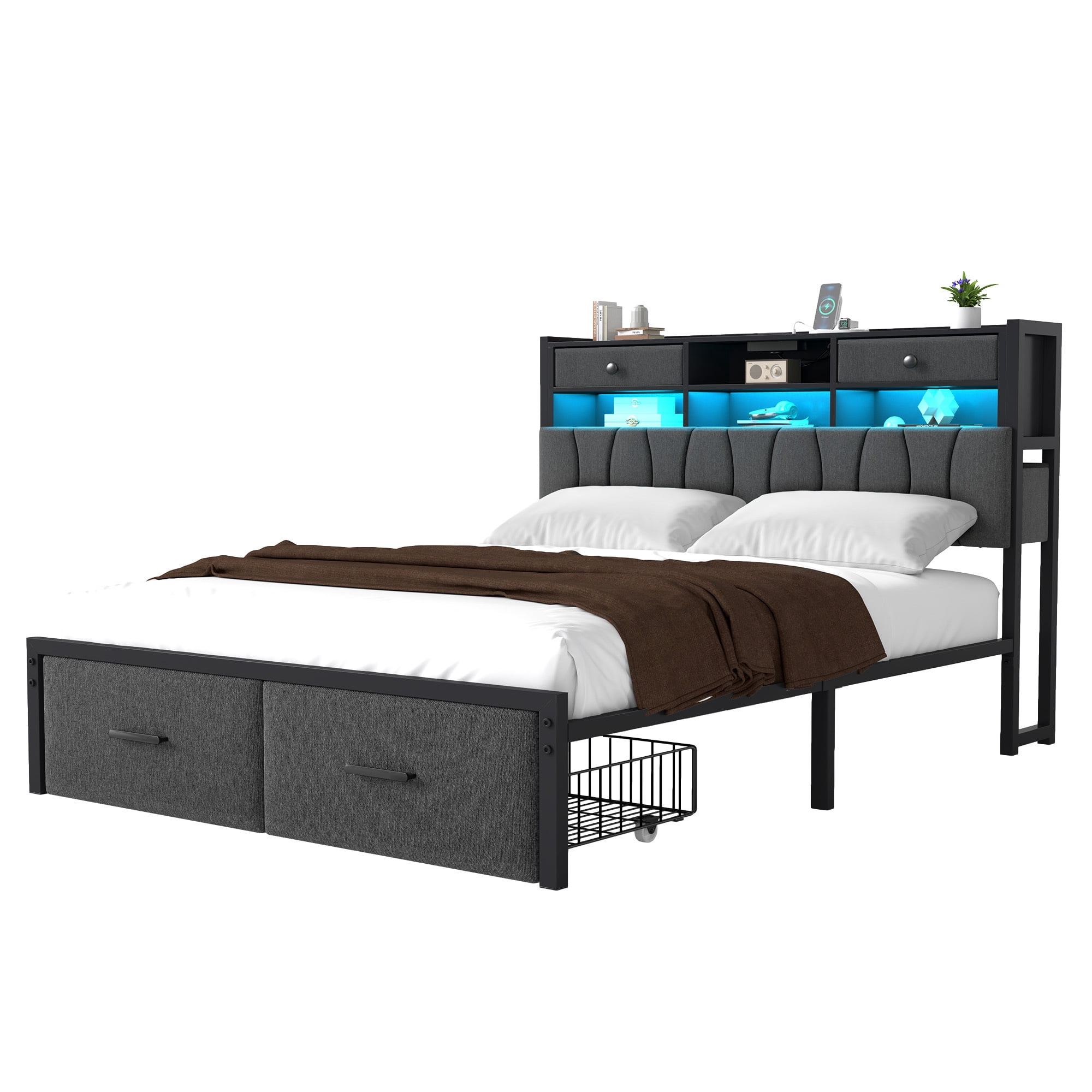 Uforic Queen Upholstered Bed Frame with Charging Station, LED Platform Bed with Storage Drawers,Gray