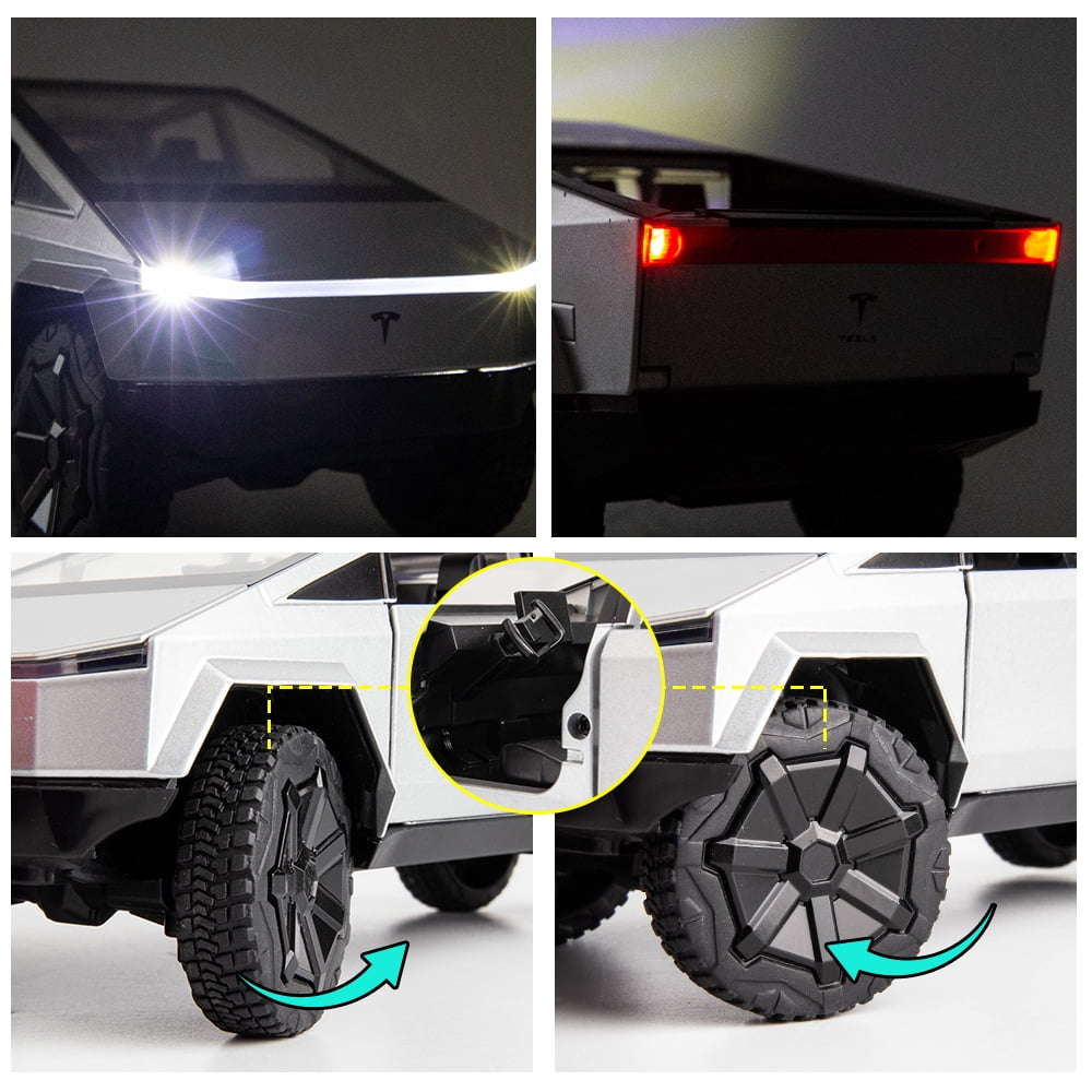 BDTCTK 1/24 Compatible for Cybertruck Electric Pick-Up Truck Model Car, Zinc Alloy Pull Back Toy Car with Sound and Light for Kids Boy Girl(silver)