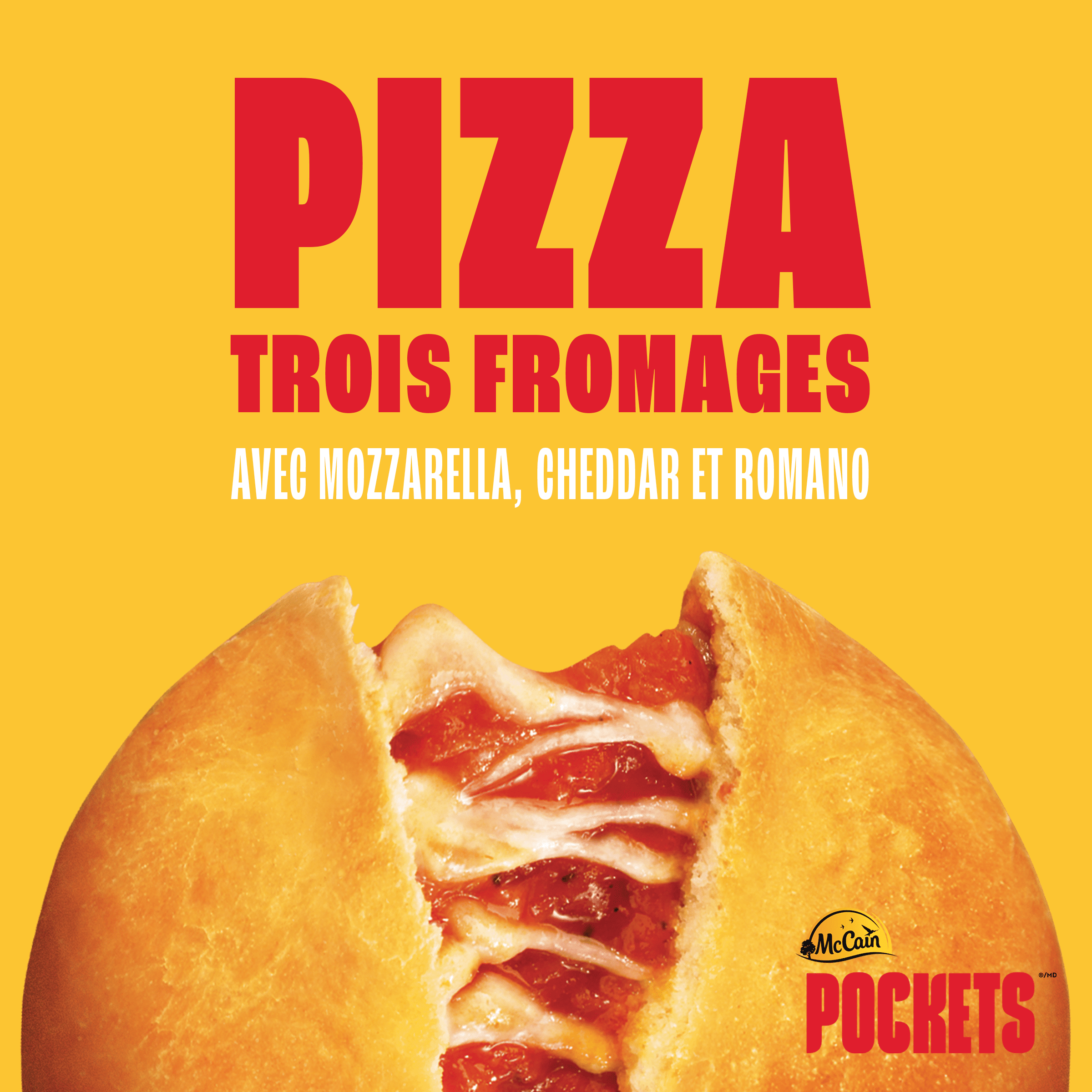 McCain® Pizza Pockets® Three Cheese, Made in Canada from domestic and imported ingredients, 3 x 100g