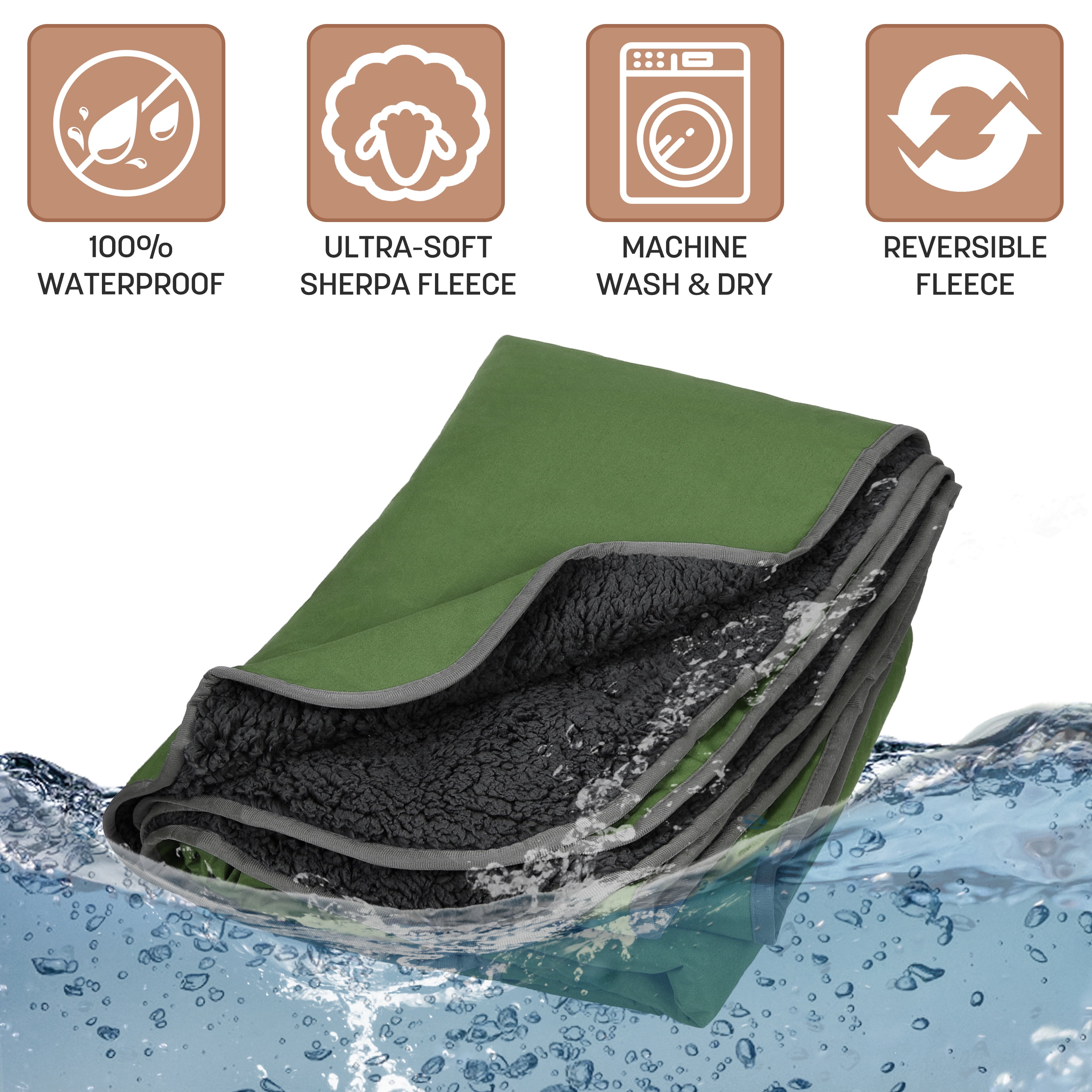 Tirrinia Waterproof Outdoor Blanket with Sherpa Lining, Windproof, Triple-Layered, Warm, Comfy, Foldable Fleece Blanket for Camping, Stadiums, Picnics and Pets, Green/Black, Extra Large, 66'' x 90''