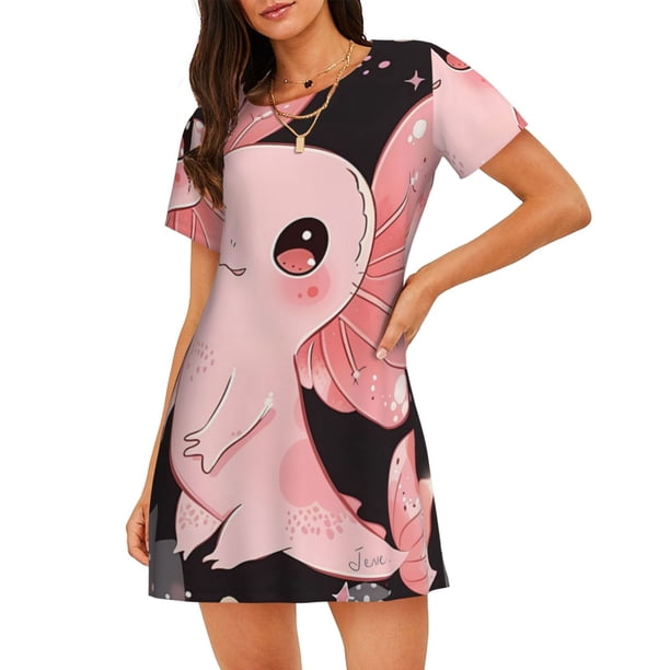 Fotbe Cute Axolotl Sakura Blossoms A Bata de Dormir para Mujer con Estampado, Camisón de Algodón de Manga Corta, Ropa de Dormir Casual
