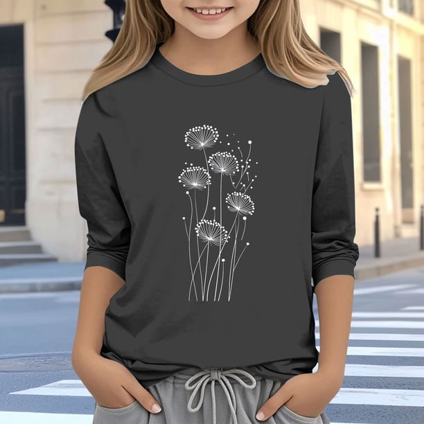 Blusas y camisas de cuello redondo y manga larga para niños, blusas/camisas de poliéster con estampado de corazones, mangas 3/4 y cuello redondo, elegantes e informales.