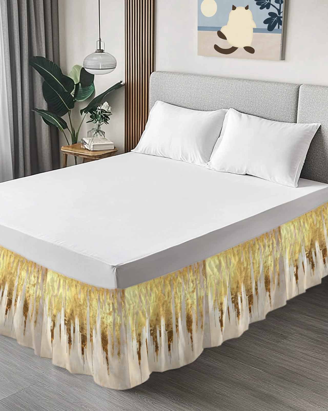 Abstract Gold Wrap Around Bed Skirts for Queen Bed 18" Drop,Bed Skirt with Adjustable Elastic Belt Dust Ruffle Bed Valance for Bedroom Hotel Luxury Modern Brush Luxury Strokes Artwork Bed Frame Cover