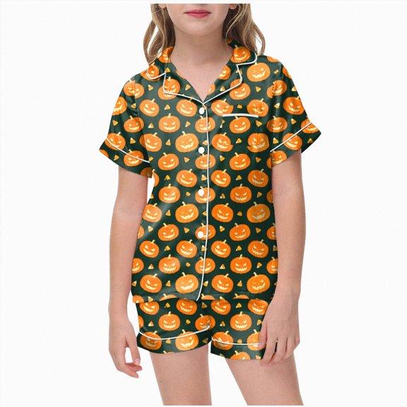 CAUYDY Girls Halloween Silk Pajama Set Print Short Sleeve Button Up Shirt and Shorts Holiday 2 Pcs Sets,2-3 Y
