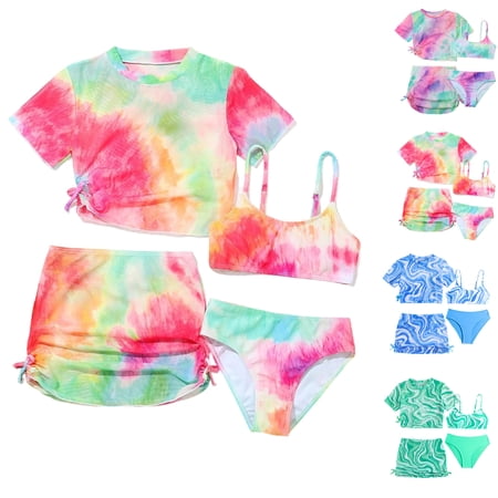 CCRFTGI Girls Swimsuit 4 Piece Rash Guard Tie Dye Swimsuits Swim Shirts Skirts Bikini Bathing Suits Beach Sport Summer Kids Swimwear Orange 7-8 Years