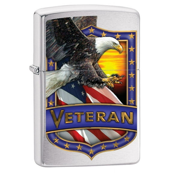 Zippo Lighter: Veteran Shield with Eagle - Brushed Chrome 79983