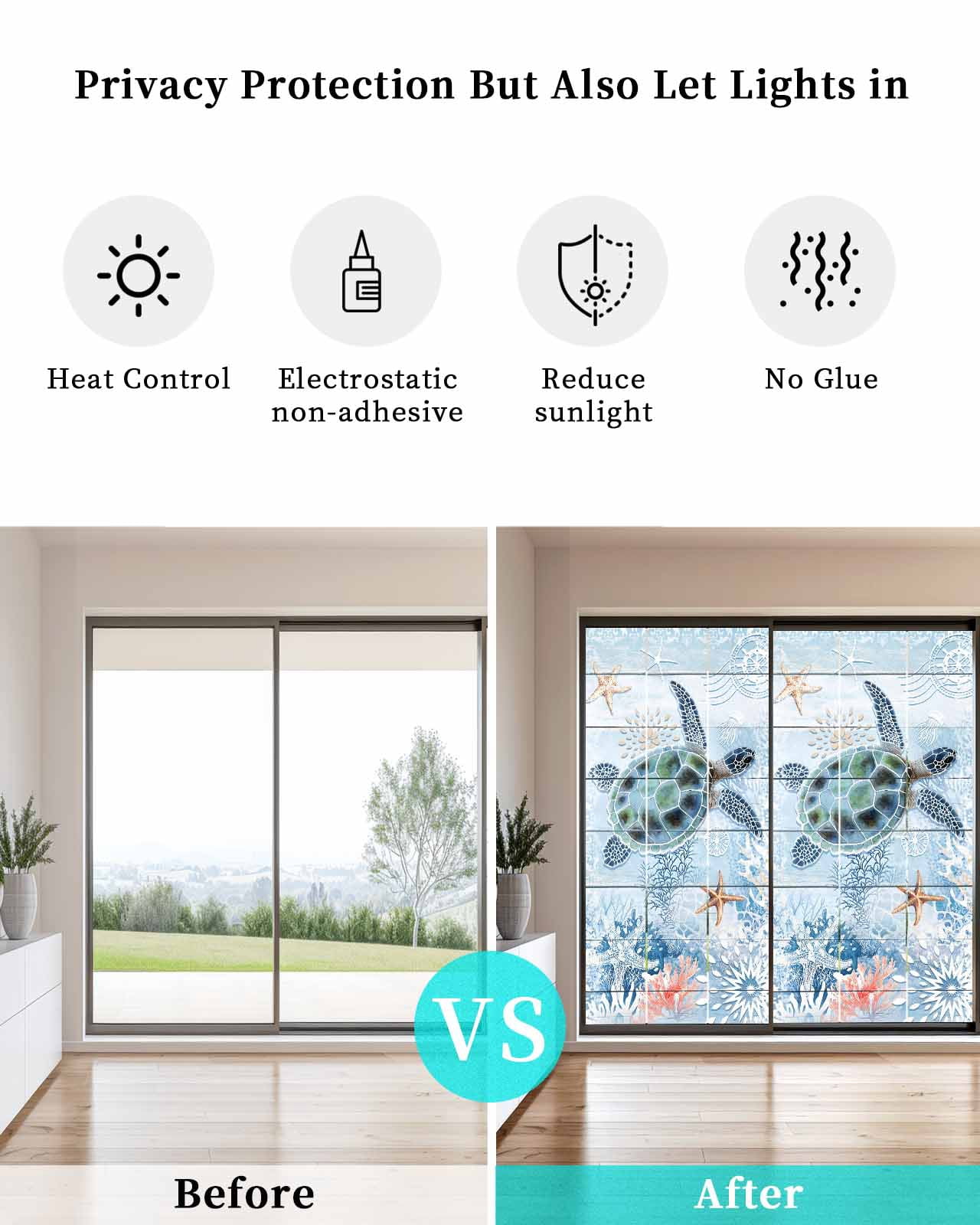 Window Privacy Film Coastal Ocean Turtle Stained Glass Window Film Decorative Sun Block Window Cover Nautical Starfish Coral Wooden Grain Window Clings Static Adhesive Sticker for Bathroom 23.6"x59"