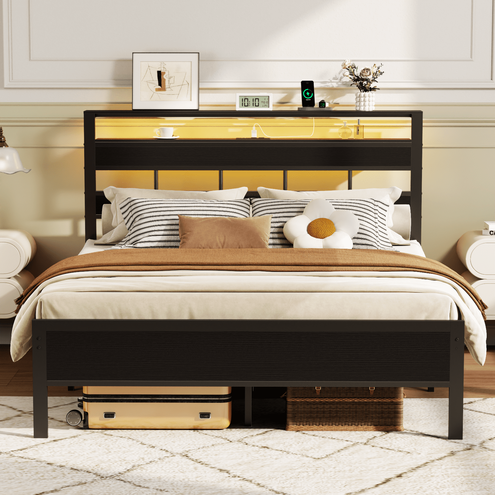 Satifur Queen Size Bed Frame with Storage Headboard and LED Light, Platform Bed with Metal Slats, Noise Free Design