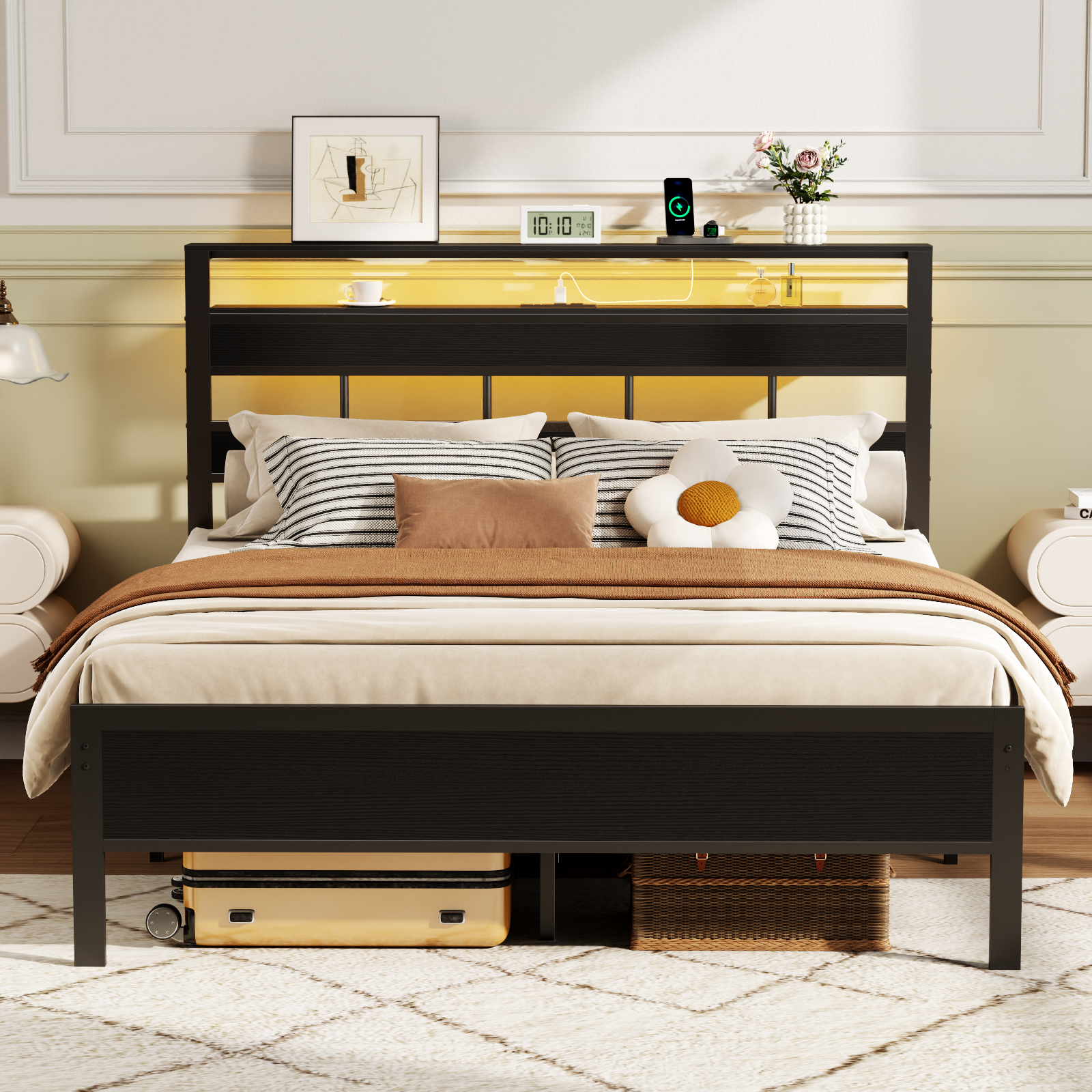 Satifur Queen Platform Bed with LED Lights and Charging Station photo 5
