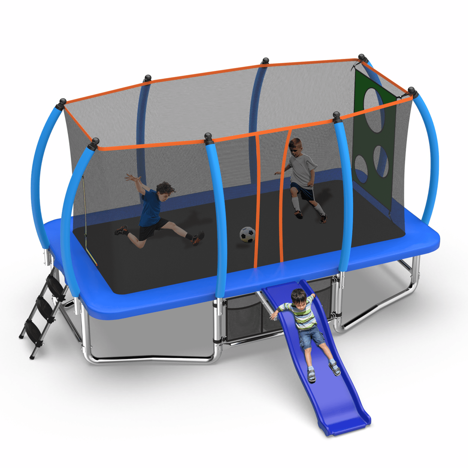 Mersco 8x14ft Large Rectangle Trampoline with Enclosure Net , Slide Outdoor Big Trampoline for Backyard,Kids Trampoline with Basketball Hoop,Birthday and Holiday Gifts for Kids,Blue