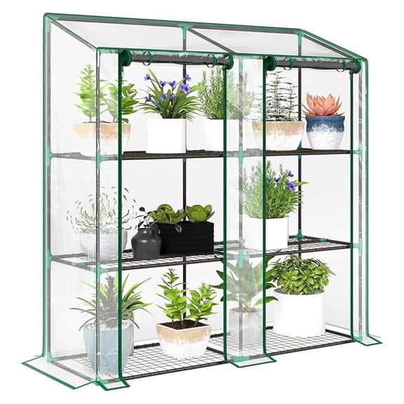 Lean-to Mini Greenhouse with 3 Tier Shelves, Portable Green House with 2 Roll-up Doors, Garden Plant Grow Hot House for Indoor Outdoor, 56.3"x18.1"x59.4", Clear