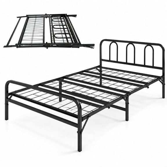 Fenbeli Heavy Duty Metal Twin Foldable Bed Frame with Headboard & Footboard, Metal Frame, 76 x 39.5 x 23.5 inch Footprint, Black