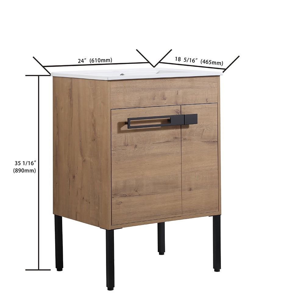 24" Bathroom Vanity with Sink Combo Bathroom Vanity Ceramic Single Basin Set with Doors Adjustable Shelves for Bathroom, Oak 24"