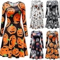 thumbnail image 2 of Vestido acampanado de manga larga estampado con cuello redondo de Halloween para mujer Tkl S, 2 of 3