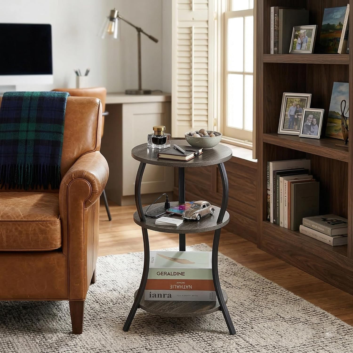 ZEXVIDA Round Side Table with Charging Station, 3-Tier Circular End Table and Compact Sofa Side Table, Gray