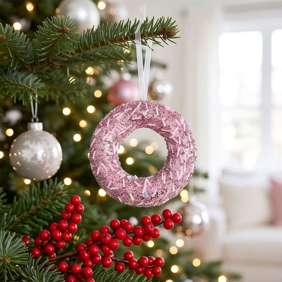 Pink Christmas Hanging Ornament 3.1 Inch, Glitter Sequined Ball with Ribbon Bow, Xmas Tree Decor for Home Holiday Party