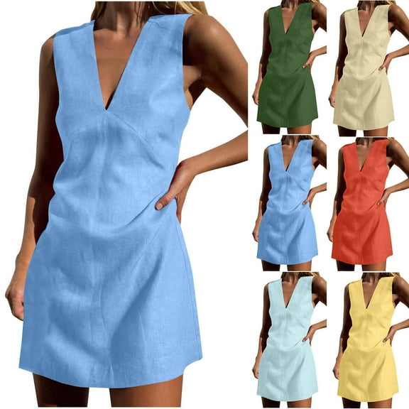 Eiyaclvo Womens Summer V Neck Mini Dress Sleeveless Casual Solid Work Short Dress Beach Vacation Tank Sundress