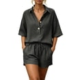 thumbnail image 2 of Women's Two-Piece Outfits Casual Short Sleeve Button Down Shirt And Drawstring Shorts Set Loose Loungewear For Summer, 2 of 9