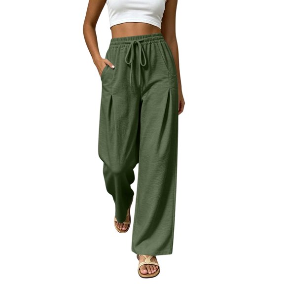 Lumtrix Cotton Linen Pants for Women Wide Leg Palazzo Pants Elastic High Waisted Summer Beach Casual Lounge Slacks with Pockets Army Green M