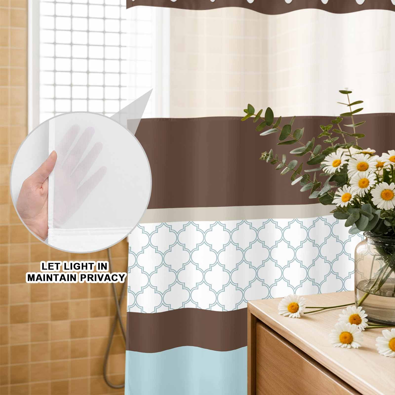 Small Stall No Hook Shower Curtains Blue Brown Morocco Waterproof Fabric Shower Curtain Set Geometric Stripes Aqua Stitching Bath Curtains for Bathroom Decor with See Through Top Window 36x72 Inch