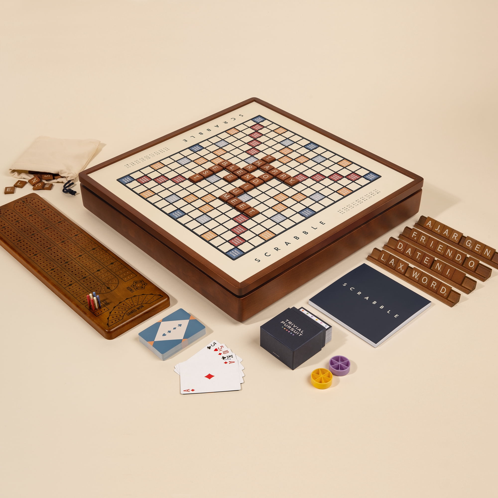 WS Game Company 3-in-1 Premium Game Collection: Scrabble, Trivial Pursuit, and Cribbage with Rotating Solid Wood Cabinet