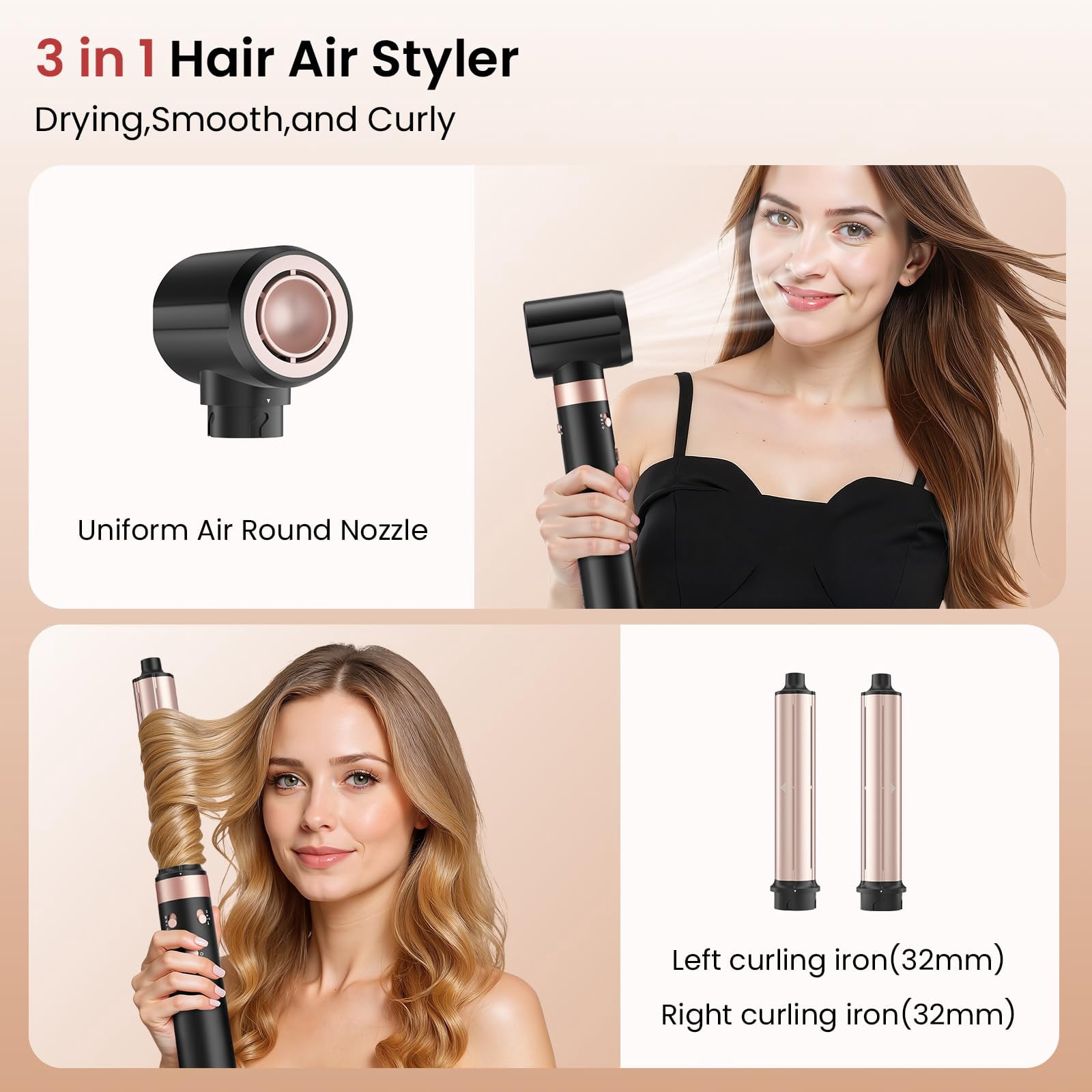 3 in 1 Dual Voltage Hot Hair Styler High Speed Hair Dryer Long Barrel Air Styler Travel Ionic Frizz Control Fast Drying Auto Wrap Curling with Travel Case Gifts for Women