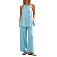 thumbnail image 2 of Zynoxe Two Piece Sets for Women Trendy Halter Neck Backless Camisole Top Wide Leg Pants Suit Comfy Breathable Cotton Linen Lounge Set Summer Versatile Solid Color Vacation Outfits XL, 2 of 8