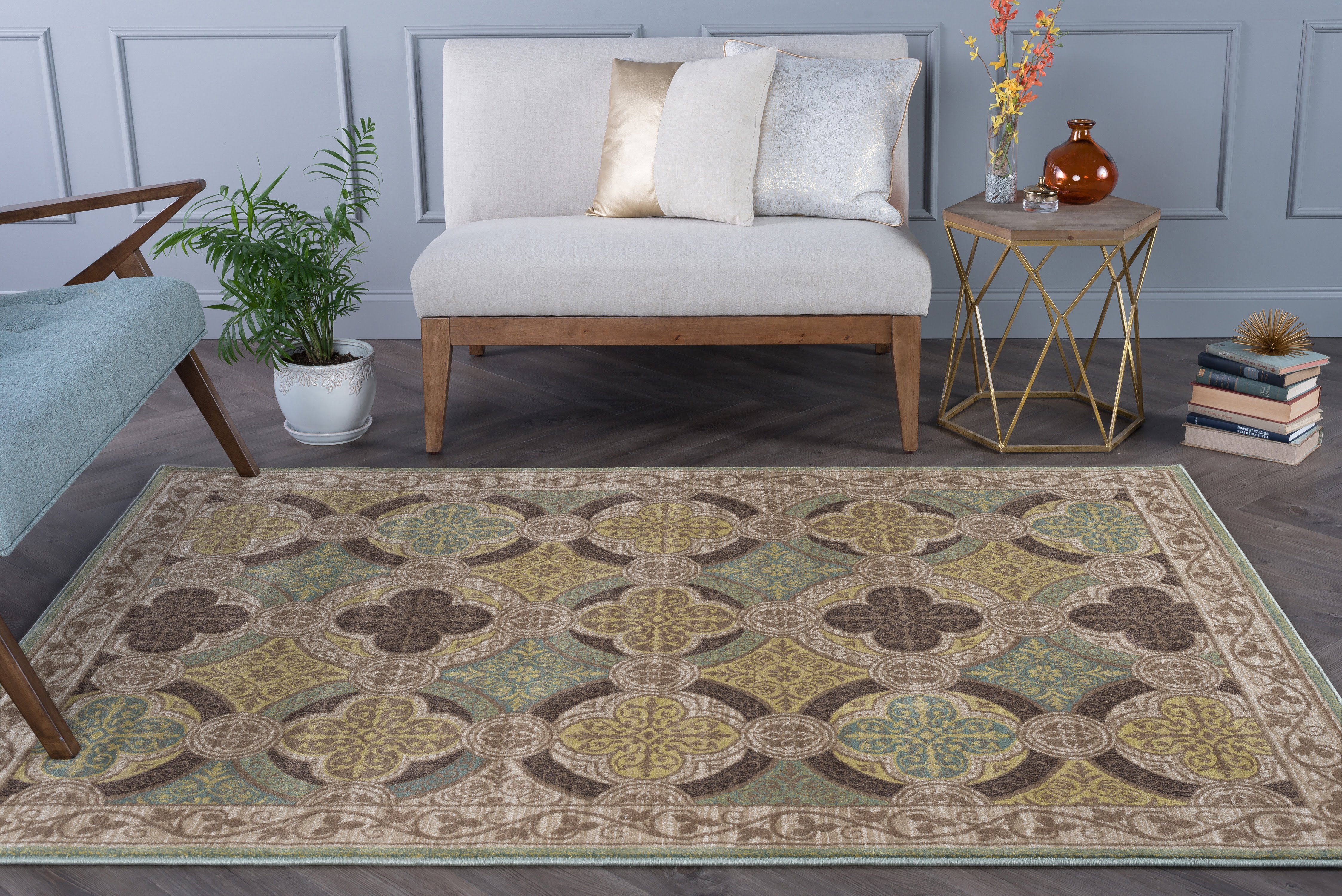 Transitional 5x8 Area Rug (5'3'' x 7'3'') Moroccan Tile Beige, Seafoam Living Room Easy to Clean