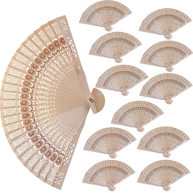 12pcs Sandalwood Fan, 8 Inch Chinese Wooden Openwork Personal Handheld Folding Fan For Wedding Party Home Decorations