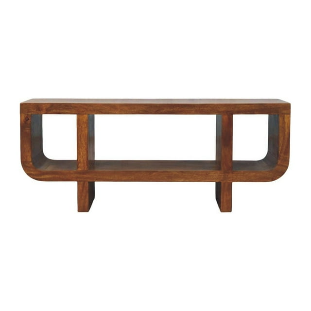 Meuble Artisanal en Bois Massif, Unité Multimédia Courbée en Châtaignier, Brun, 3 Tablettes