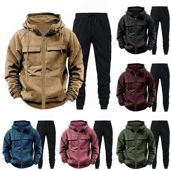 mihongmao Jogger Sets for Men 2 Piece Men's Zipper Workwear Pullover Hooded Sweatshirt Set Solid Color Cardigan Pocket Casual Two-piece Set Men's Long Sleeved Hooded Set Pink L